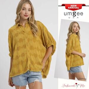 Umgee Jacquard Heart Pattern Raw Hem Collared Neck Oversized Shirt | Golden Kiwi